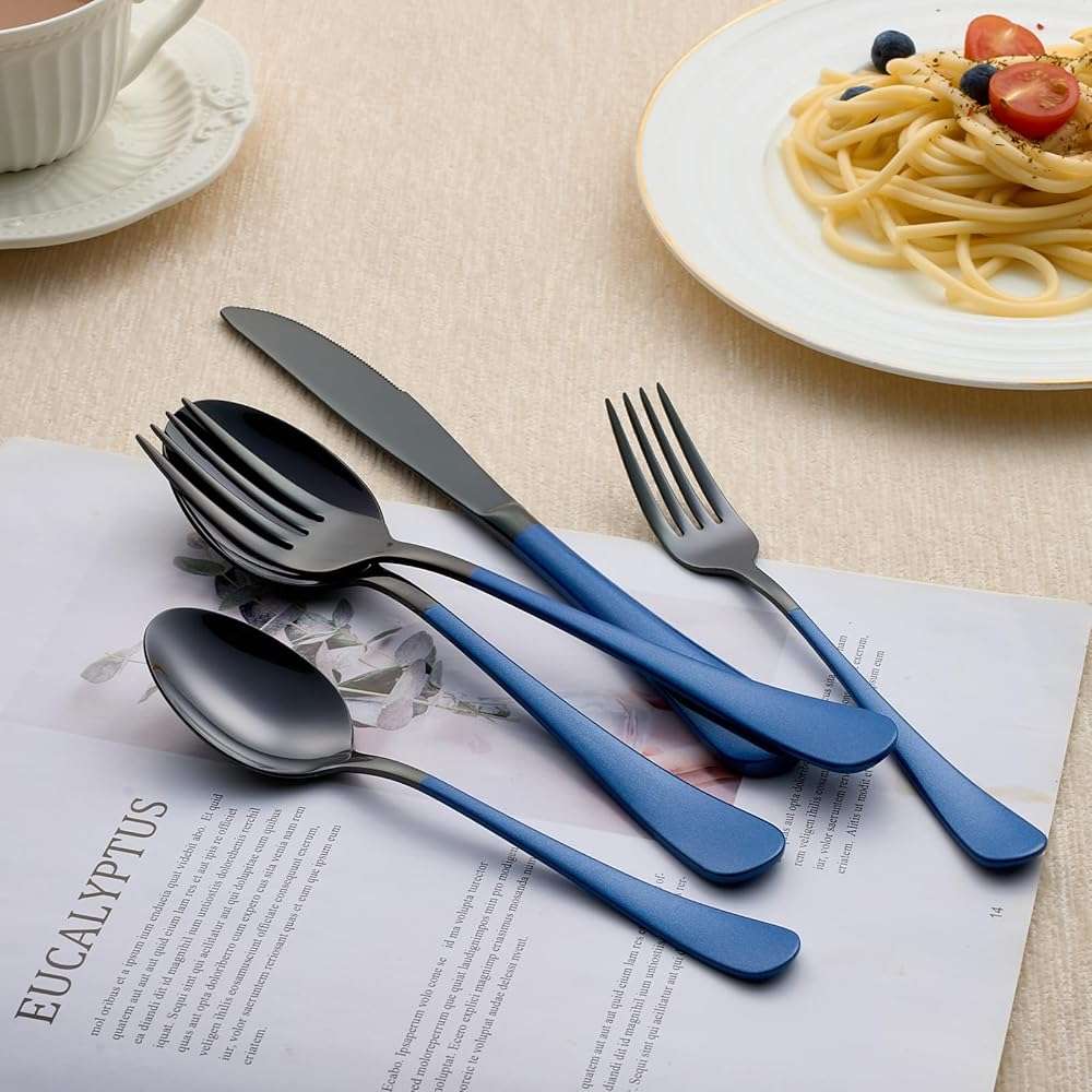 LKTDYMEG 20-Piece Black and Dark Blue Silverware Set 18/0 Stainless Steel Silverware Set Dark Blue Handle Cutlery Set Service for 4 Dinner Knives Forks Spoons Set Flatware Set Finish Dishwasher Safe - Image 7