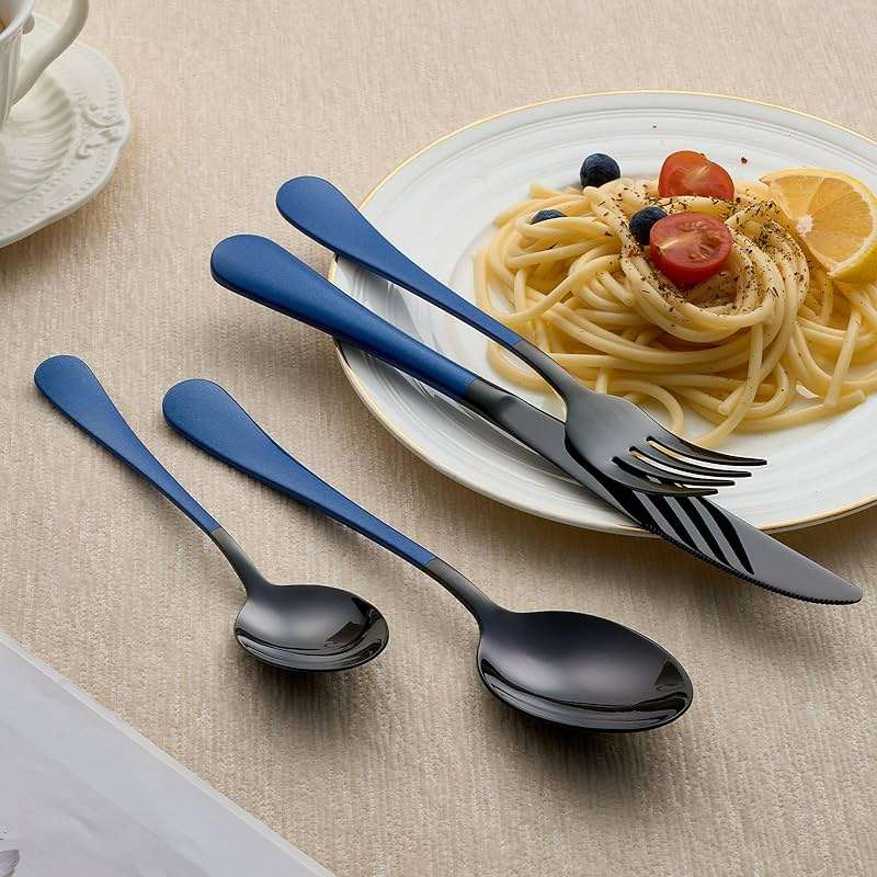 LKTDYMEG 20-Piece Black and Dark Blue Silverware Set 18/0 Stainless Steel Silverware Set Dark Blue Handle Cutlery Set Service for 4 Dinner Knives Forks Spoons Set Flatware Set Finish Dishwasher Safe - Image 8