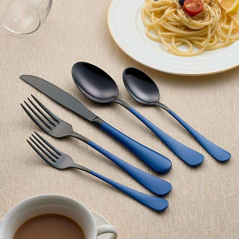 LKTDYMEG 20-Piece Black and Dark Blue Silverware Set 18/0 Stainless Steel Silverware Set Dark Blue Handle Cutlery Set Service for 4 Dinner Knives Forks Spoons Set Flatware Set Finish Dishwasher Safe - Image 9