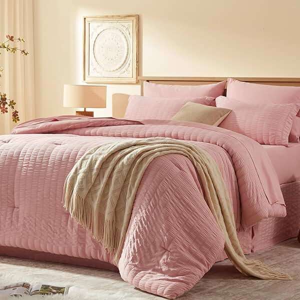Laojin Balhen Queen Comforter Set 7 Pieces, Pink Seersucker Bed in a Bag Set Queen Size, All Season Luxury Bedding Sets with Comforter, Sheets, Pillowcase & Sham - Image 1