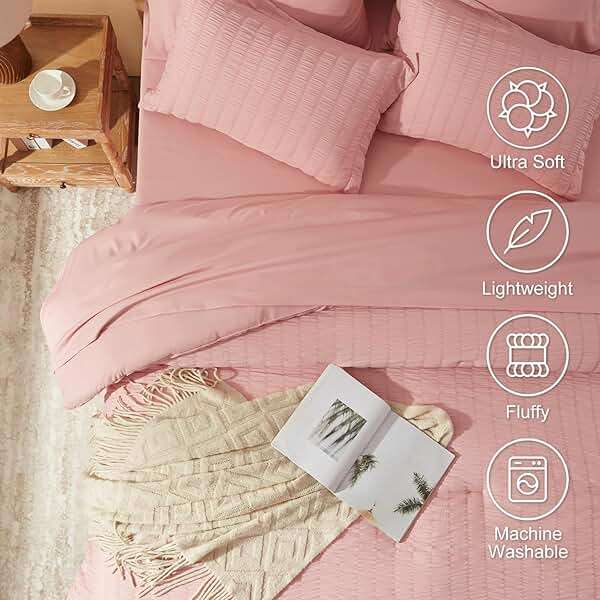 Laojin Balhen Queen Comforter Set 7 Pieces, Pink Seersucker Bed in a Bag Set Queen Size, All Season Luxury Bedding Sets with Comforter, Sheets, Pillowcase & Sham - Image 2