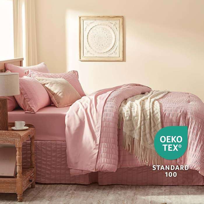 Laojin Balhen Queen Comforter Set 7 Pieces, Pink Seersucker Bed in a Bag Set Queen Size, All Season Luxury Bedding Sets with Comforter, Sheets, Pillowcase & Sham - Image 3