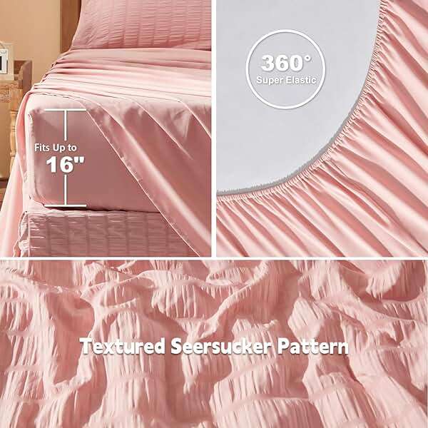 Laojin Balhen Queen Comforter Set 7 Pieces, Pink Seersucker Bed in a Bag Set Queen Size, All Season Luxury Bedding Sets with Comforter, Sheets, Pillowcase & Sham - Image 4