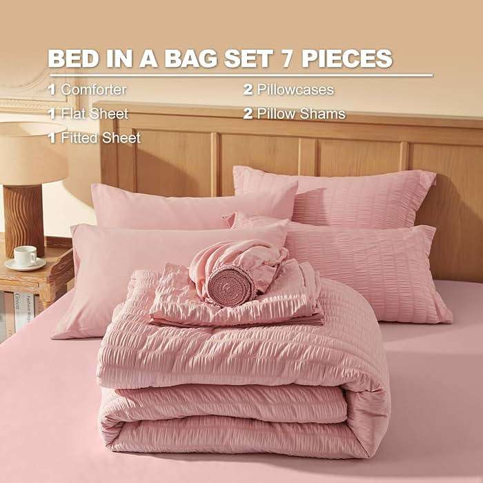 Laojin Balhen Queen Comforter Set 7 Pieces, Pink Seersucker Bed in a Bag Set Queen Size, All Season Luxury Bedding Sets with Comforter, Sheets, Pillowcase & Sham - Image 5