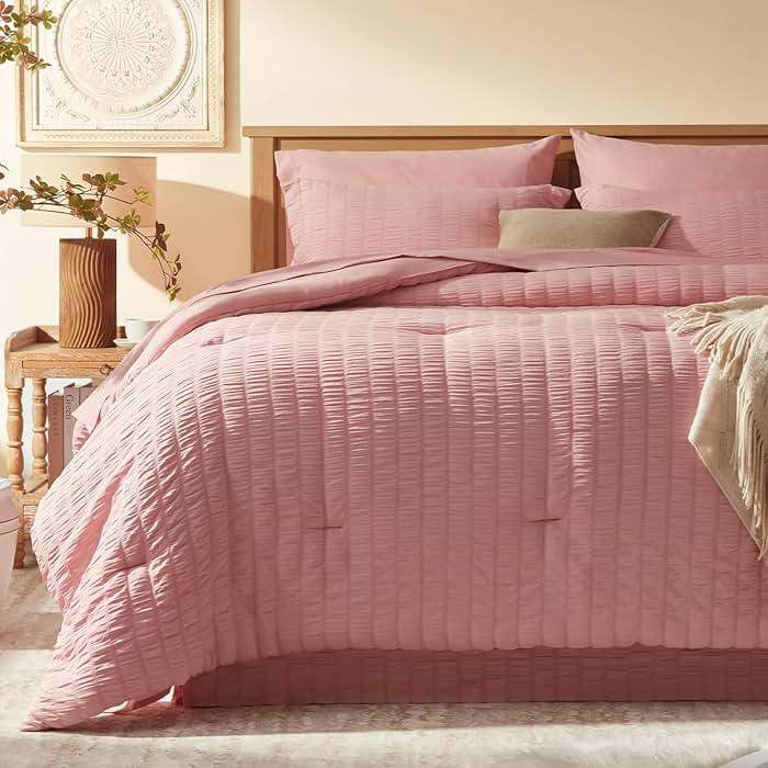 Laojin Balhen Queen Comforter Set 7 Pieces, Pink Seersucker Bed in a Bag Set Queen Size, All Season Luxury Bedding Sets with Comforter, Sheets, Pillowcase & Sham - Image 6