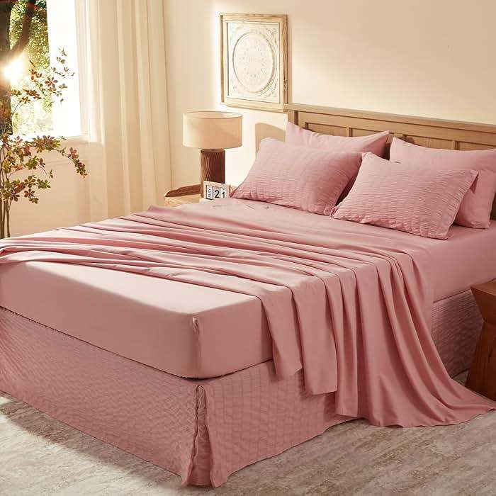 Laojin Balhen Queen Comforter Set 7 Pieces, Pink Seersucker Bed in a Bag Set Queen Size, All Season Luxury Bedding Sets with Comforter, Sheets, Pillowcase & Sham - Image 7