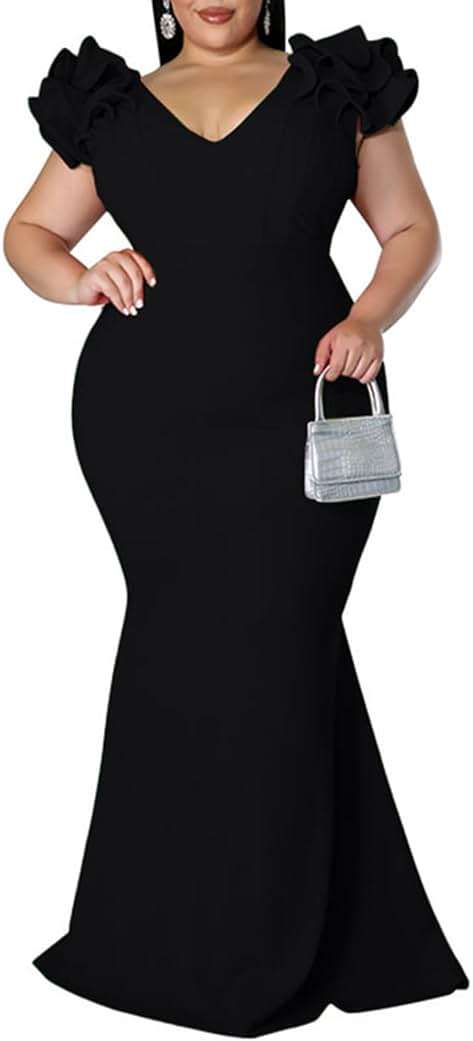Ekaliy Women's Plus Size Maxi Dress Elegant V-Neck Ruffle Sleeves Bodycon Mermaid Evening Gown - Image 1