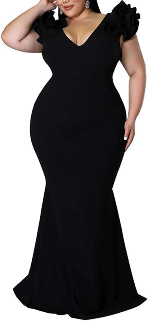 Ekaliy Women's Plus Size Maxi Dress Elegant V-Neck Ruffle Sleeves Bodycon Mermaid Evening Gown - Image 2