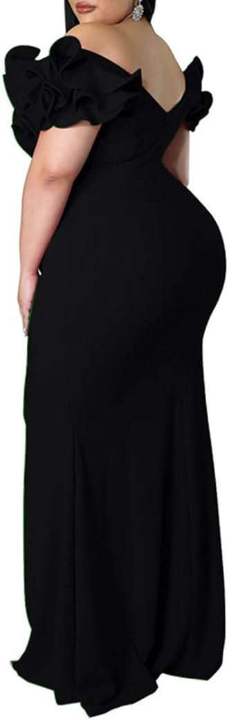 Ekaliy Women's Plus Size Maxi Dress Elegant V-Neck Ruffle Sleeves Bodycon Mermaid Evening Gown - Image 3