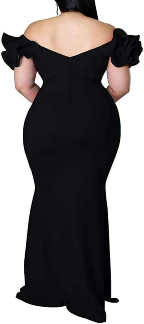 Ekaliy Women's Plus Size Maxi Dress Elegant V-Neck Ruffle Sleeves Bodycon Mermaid Evening Gown - Image 4