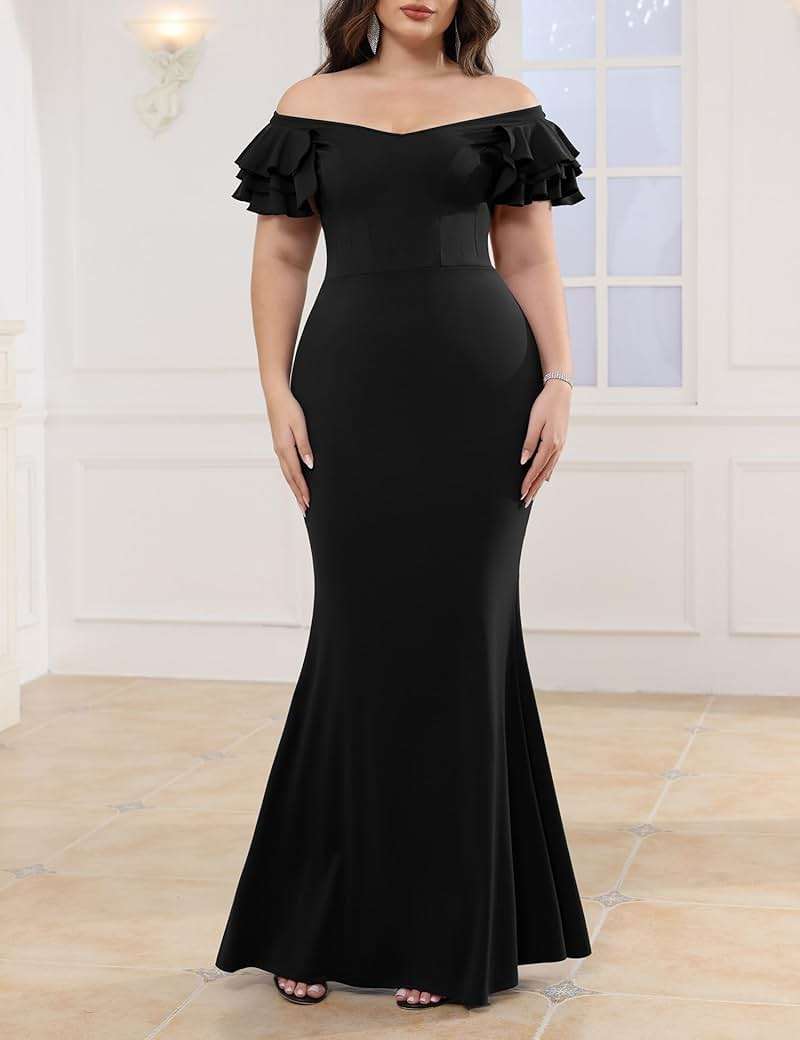 Ekaliy Women's Plus Size Maxi Dress Elegant V-Neck Ruffle Sleeves Bodycon Mermaid Evening Gown - Image 5