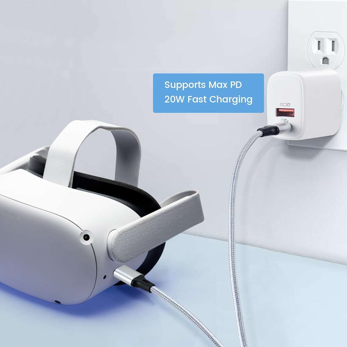 PD 20W USB C Fast Charger Compatible with Meta Quest 3 3S - Dual Port USB + Type C Adapter with 6.6ft C to C Charging Cable for Oculus Quest 2 Headset - Image 2
