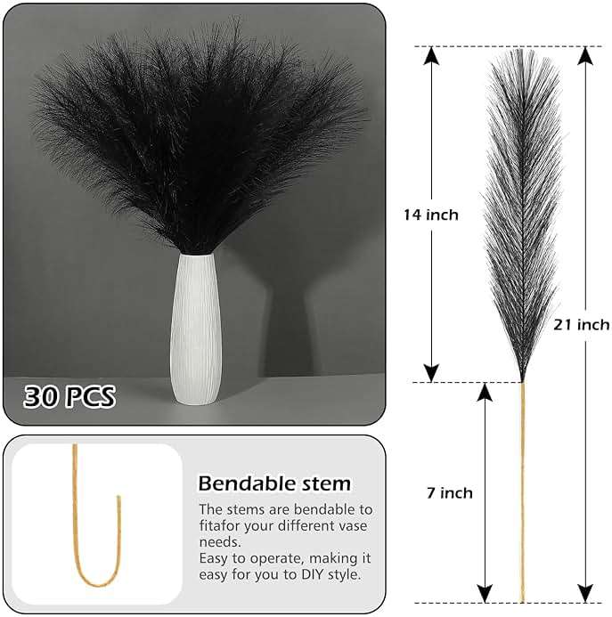 SeptCat 30 Pcs Pampas Grass Black Decor 21.7" Fluffy Faux Short Pampas Grass Artificial Small Pompas Grass Flower Vase Filler for Home Wedding Living Room Wall Party Decoration - Image 2