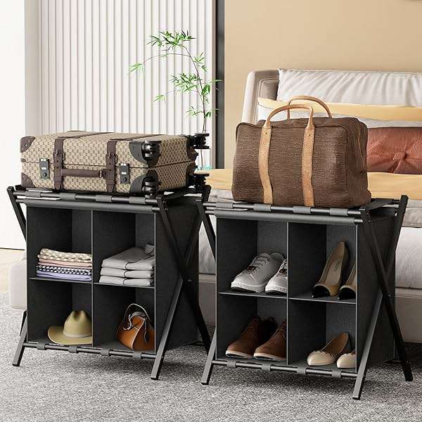 Huhote Luggage Rack for Guest Room, Set of 2, Folding Suitcase Stand with Fabric Storage Shelf, Luggage Holder, Steel Foldable Luggage Stand for Guest Room, Bedroom, Hotel, Black - Image 1