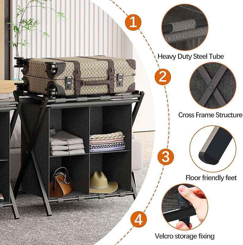 Huhote Luggage Rack for Guest Room, Set of 2, Folding Suitcase Stand with Fabric Storage Shelf, Luggage Holder, Steel Foldable Luggage Stand for Guest Room, Bedroom, Hotel, Black - Image 4