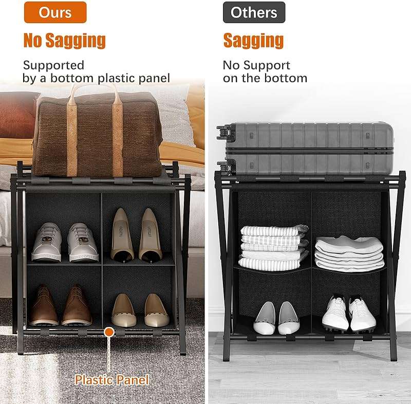 Huhote Luggage Rack for Guest Room, Set of 2, Folding Suitcase Stand with Fabric Storage Shelf, Luggage Holder, Steel Foldable Luggage Stand for Guest Room, Bedroom, Hotel, Black - Image 6