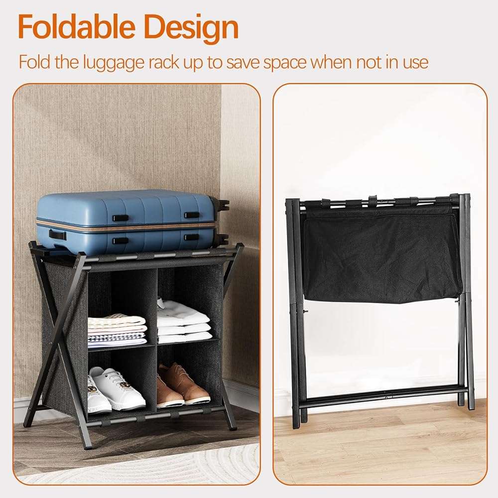 Huhote Luggage Rack for Guest Room, Set of 2, Folding Suitcase Stand with Fabric Storage Shelf, Luggage Holder, Steel Foldable Luggage Stand for Guest Room, Bedroom, Hotel, Black - Image 7