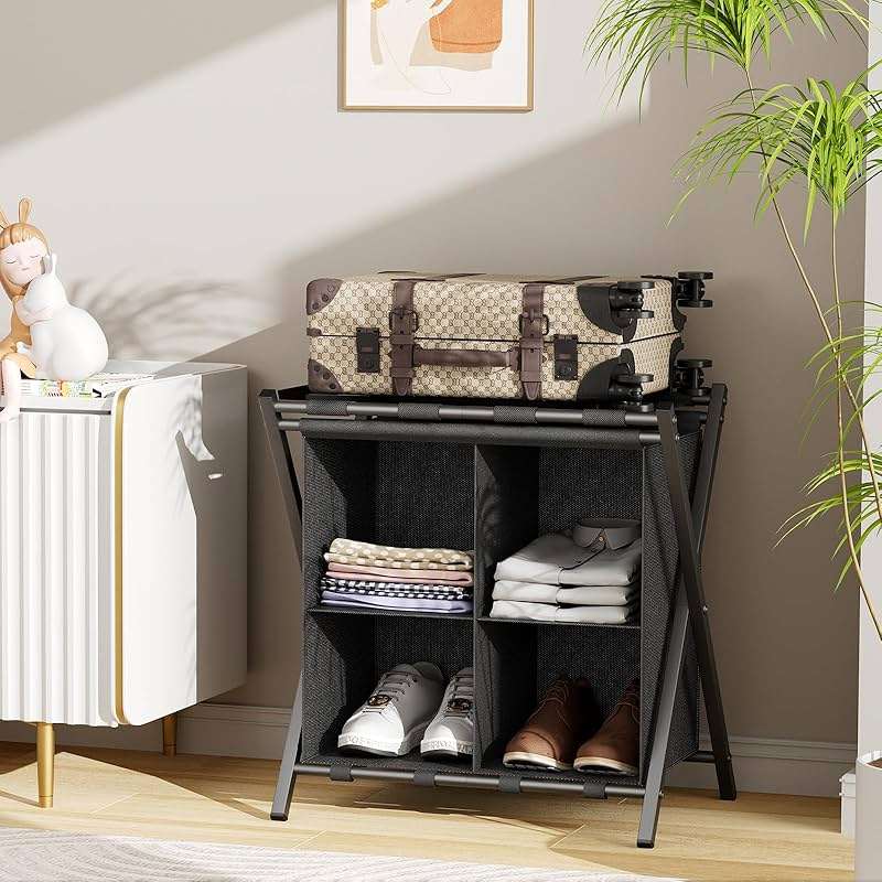 Huhote Luggage Rack for Guest Room, Set of 2, Folding Suitcase Stand with Fabric Storage Shelf, Luggage Holder, Steel Foldable Luggage Stand for Guest Room, Bedroom, Hotel, Black - Image 9