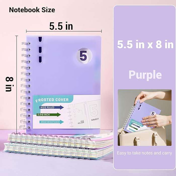 FLYING EAGLE 5 Subject Notebook Wide Ruled Spiral Notebook 5x7, A5 Small Notebook with Remoable Dividers, Hardcover Notebooks for Work, 204 Pages Lined Journal for Women, Violet - Image 3