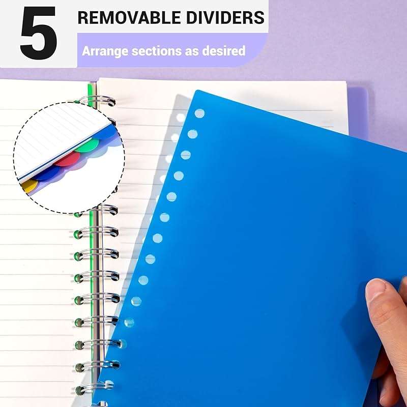 FLYING EAGLE 5 Subject Notebook Wide Ruled Spiral Notebook 5x7, A5 Small Notebook with Remoable Dividers, Hardcover Notebooks for Work, 204 Pages Lined Journal for Women, Violet - Image 5