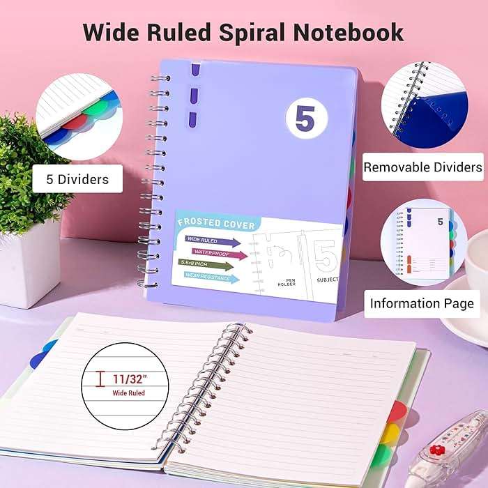 FLYING EAGLE 5 Subject Notebook Wide Ruled Spiral Notebook 5x7, A5 Small Notebook with Remoable Dividers, Hardcover Notebooks for Work, 204 Pages Lined Journal for Women, Violet - Image 7