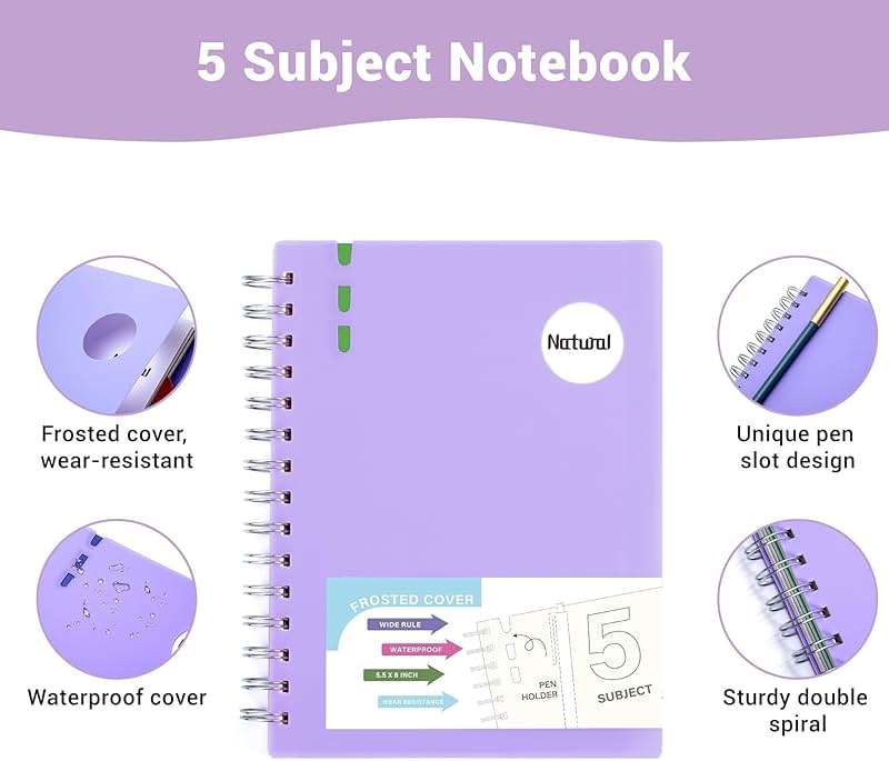 FLYING EAGLE 5 Subject Notebook Wide Ruled Spiral Notebook 5x7, A5 Small Notebook with Remoable Dividers, Hardcover Notebooks for Work, 204 Pages Lined Journal for Women, Violet - Image 9