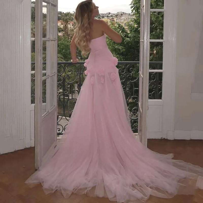 Women's Tulle Mermaid Prom Dresses with Slit 3D Flower Fairy Graduation Party Dress Strapless Formal Evening Gowns YH07 - Image 3
