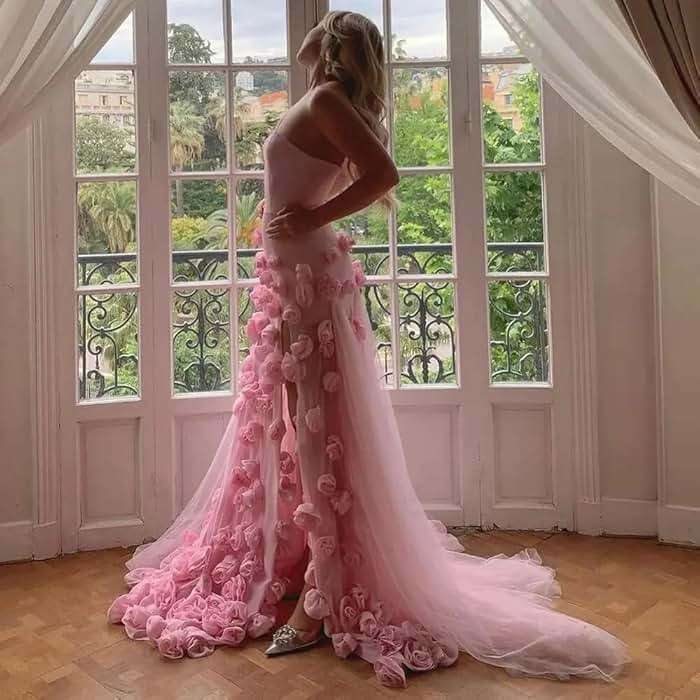 Women's Tulle Mermaid Prom Dresses with Slit 3D Flower Fairy Graduation Party Dress Strapless Formal Evening Gowns YH07 - Image 4