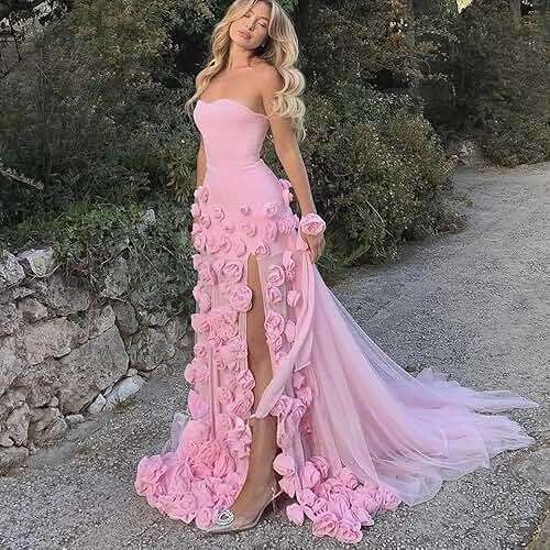 Women's Tulle Mermaid Prom Dresses with Slit 3D Flower Fairy Graduation Party Dress Strapless Formal Evening Gowns YH07 - Image 5