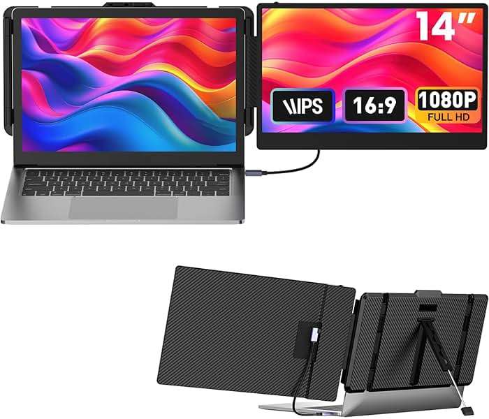 Laptop Screen Extender 14-inch, 1080P FHD Portable Monitor, Type-C/HDMI/USB-A Plug & Play, Laptop Monitor Extender fits Laptops with Screen up to 15.35" Wide, Compatible with Windows, Mac, Chrome - Image 1