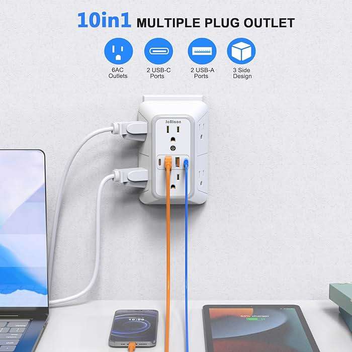 JcBlaon Outlet Extender Surge Protector - 6 Outlet Splitter with 4 USB Ports (2 USB C), Multiple Plug Expander Wall Charger, 3 Sided Multi Plug Wall Adapter Power Strip for Home Office Kitchen Travel - Image 2