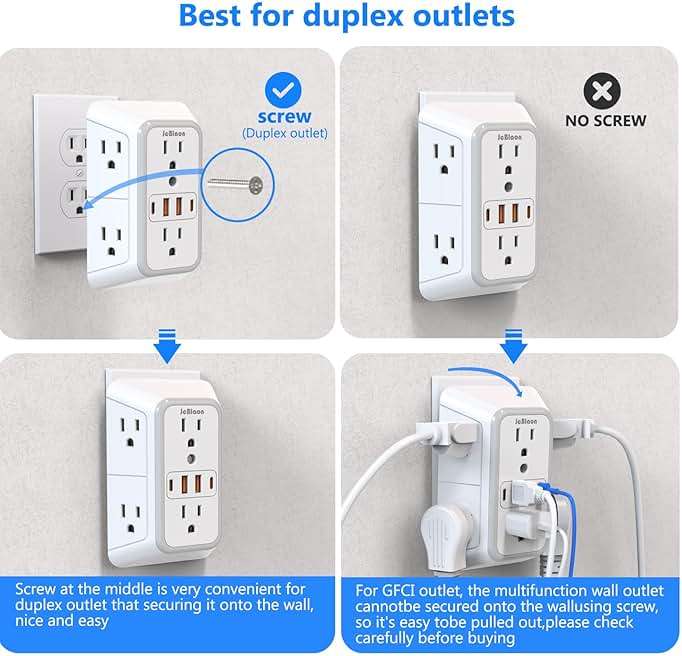 JcBlaon Outlet Extender Surge Protector - 6 Outlet Splitter with 4 USB Ports (2 USB C), Multiple Plug Expander Wall Charger, 3 Sided Multi Plug Wall Adapter Power Strip for Home Office Kitchen Travel - Image 4