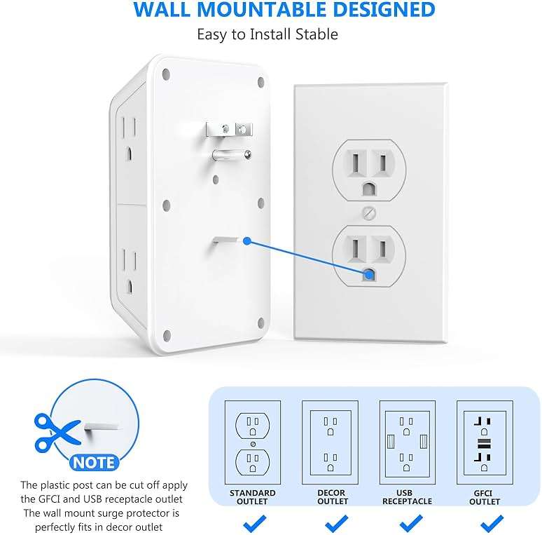 JcBlaon Outlet Extender Surge Protector - 6 Outlet Splitter with 4 USB Ports (2 USB C), Multiple Plug Expander Wall Charger, 3 Sided Multi Plug Wall Adapter Power Strip for Home Office Kitchen Travel - Image 5