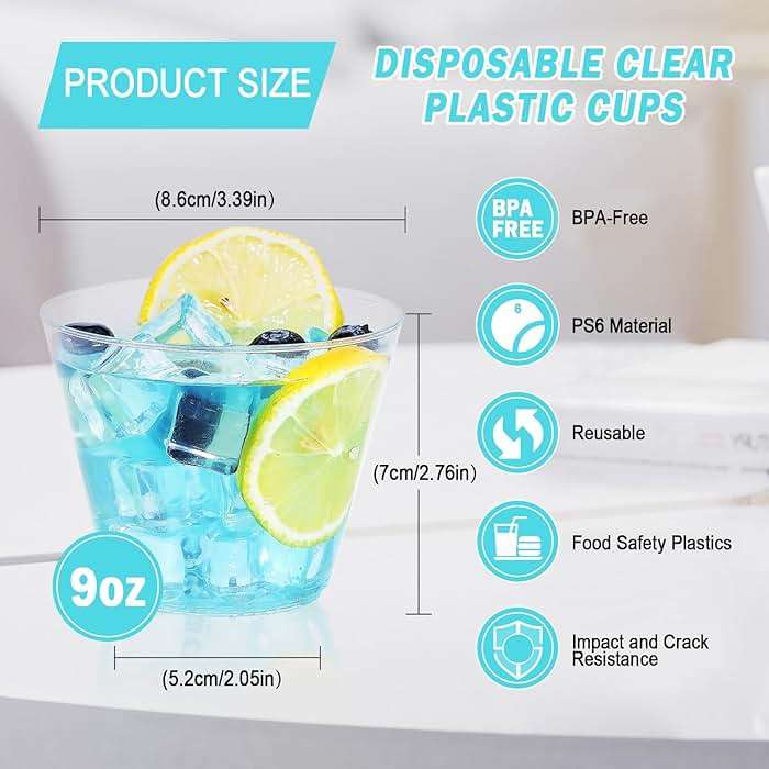 BYSNOW 100 Pack 9 oz Clear Plastic Cups, Plastic Wine Cups for Cocktail Party, Polystyrene Hard Cup with Higher Heat Resistance(9oz 100count) - Image 4