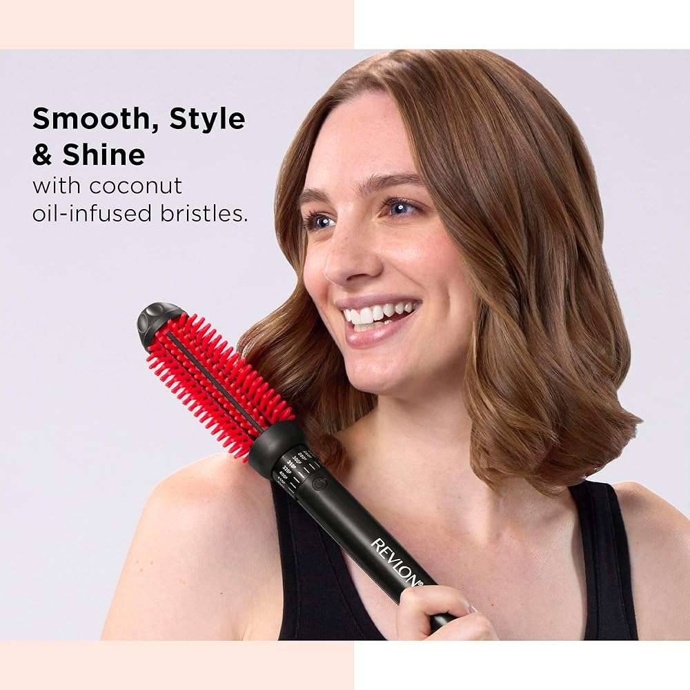REVLON SmoothStay Coconut Oil Infused Heated Styling Brush, 1 Inch Thermal Round Curling Tool, Silicone Bristles, Adjustable Temperatures, Shiny Voluminous Finish, Black/Red - Image 2