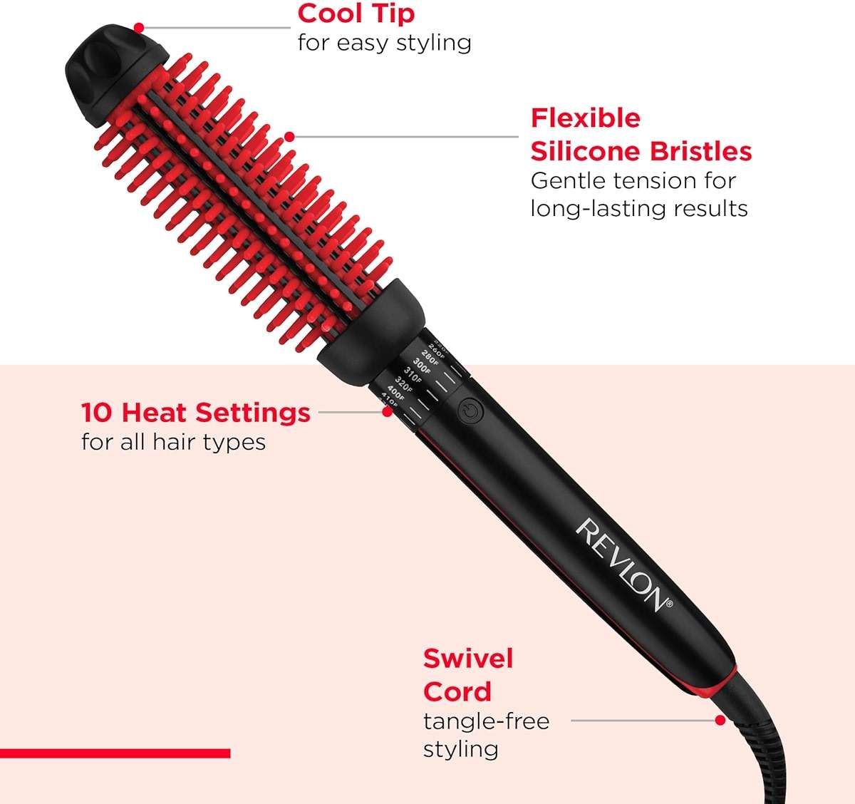 REVLON SmoothStay Coconut Oil Infused Heated Styling Brush, 1 Inch Thermal Round Curling Tool, Silicone Bristles, Adjustable Temperatures, Shiny Voluminous Finish, Black/Red - Image 5