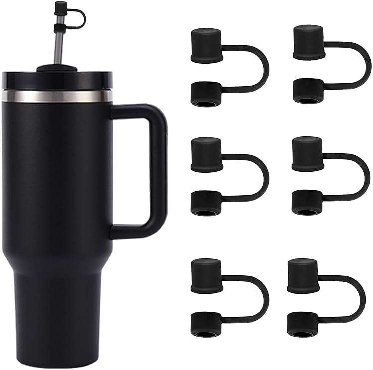 CEDIDJAC 6PCS Silicone Straw Covers Cap Compatible with Stanley Cup 30-40 oz Tumbler with Handle 10mm Straw Toppers，Dust-Proof Reusable Straw Cover for Stanley Cup Accessories (Black) - Image 1
