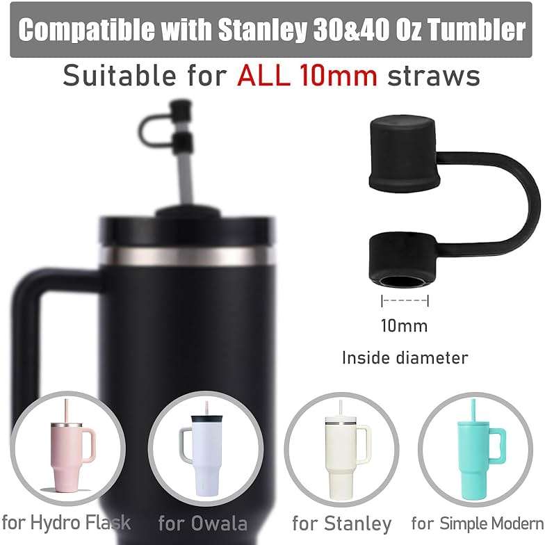 CEDIDJAC 6PCS Silicone Straw Covers Cap Compatible with Stanley Cup 30-40 oz Tumbler with Handle 10mm Straw Toppers，Dust-Proof Reusable Straw Cover for Stanley Cup Accessories (Black) - Image 5