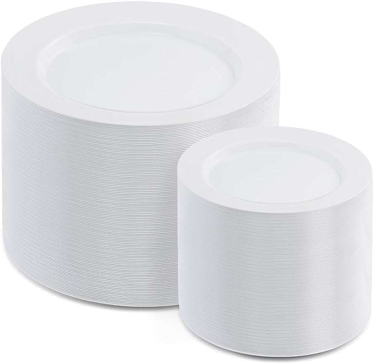 AOZITA 200 PCS White Plastic Plates, Premium Heavy Duty Disposable Plates for Party, 100 Dinner Plates & 100 Salad Dessert Plates, Sturdy Hard Plastic Dinnerware for Wedding, Events - Image 1