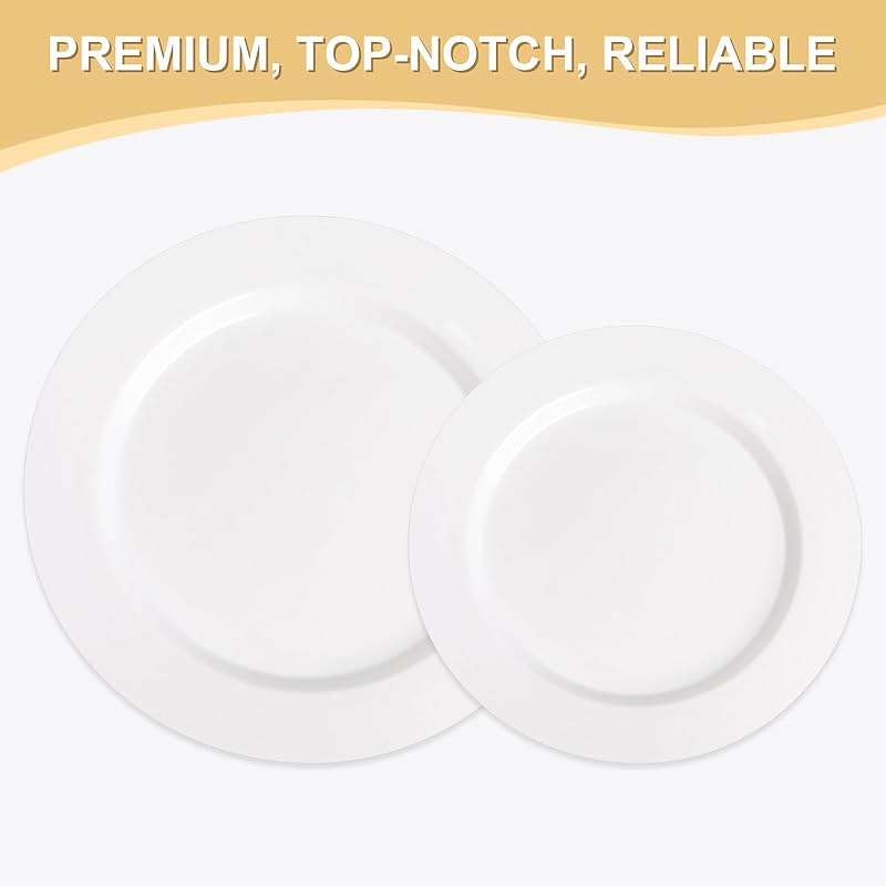 AOZITA 200 PCS White Plastic Plates, Premium Heavy Duty Disposable Plates for Party, 100 Dinner Plates & 100 Salad Dessert Plates, Sturdy Hard Plastic Dinnerware for Wedding, Events - Image 3