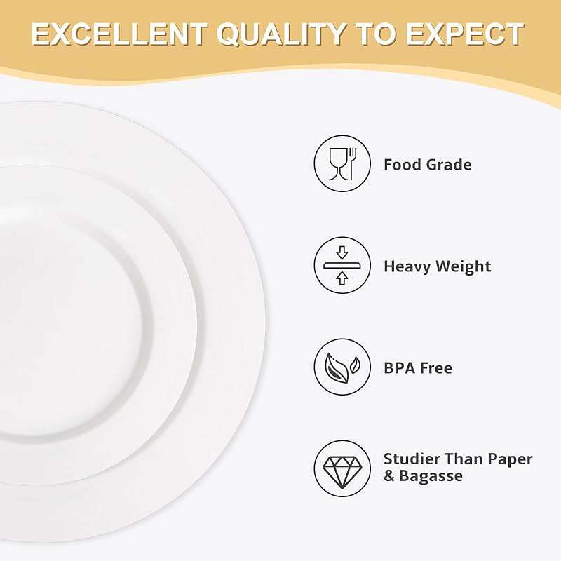 AOZITA 200 PCS White Plastic Plates, Premium Heavy Duty Disposable Plates for Party, 100 Dinner Plates & 100 Salad Dessert Plates, Sturdy Hard Plastic Dinnerware for Wedding, Events - Image 4