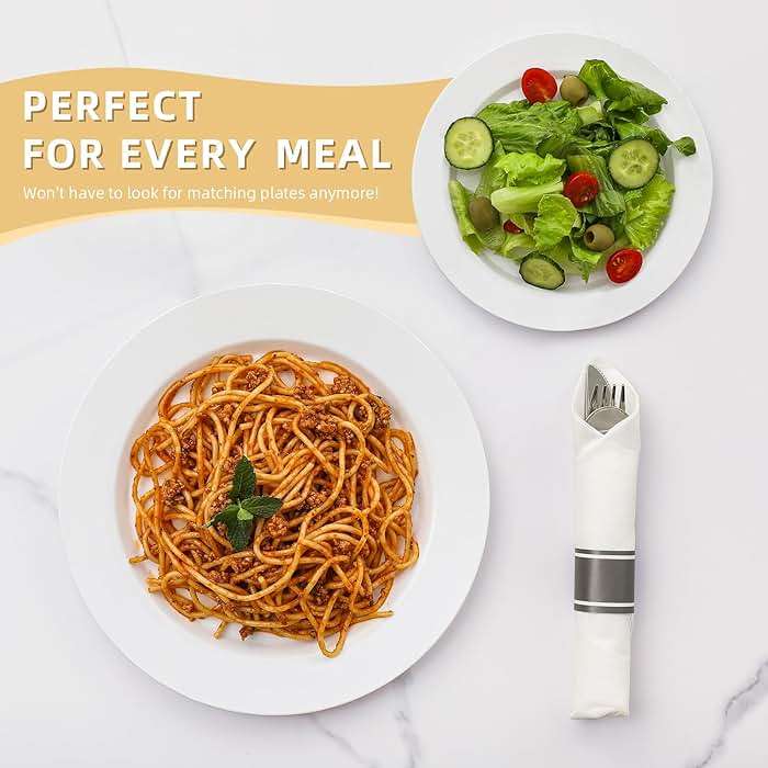 AOZITA 200 PCS White Plastic Plates, Premium Heavy Duty Disposable Plates for Party, 100 Dinner Plates & 100 Salad Dessert Plates, Sturdy Hard Plastic Dinnerware for Wedding, Events - Image 5