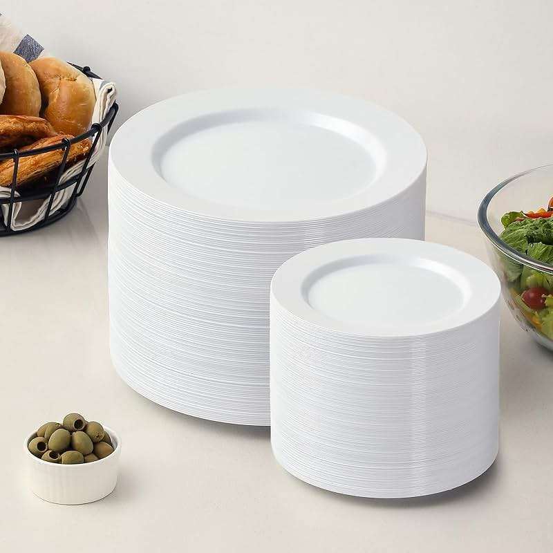 AOZITA 200 PCS White Plastic Plates, Premium Heavy Duty Disposable Plates for Party, 100 Dinner Plates & 100 Salad Dessert Plates, Sturdy Hard Plastic Dinnerware for Wedding, Events - Image 6