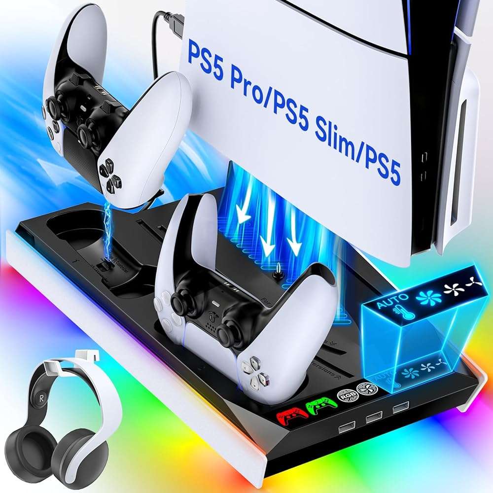 Tokluck PS5/Slim/Pro Cooling Station with Auto Turbofan & 3-Level Speed, PS5 Vertical Stand Cooling Fan Station with Controller Charger, Cooler Docking Station for PlayStation 4 Adapters - Image 1