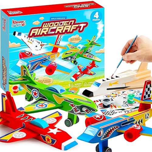 Klever Kits 4 DIY Wooden Aircrafts-Build & Paint Your Own Wooden Airplane Craft Kit, Art & Craft Kit DIY Projects, Easy to Assemble Birthday Gifts for Boys 6-12 Year Old - Image 1