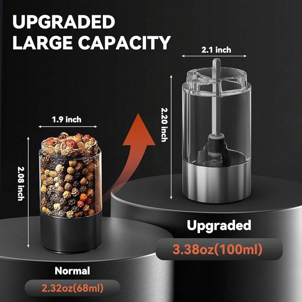 Electric Salt and Pepper Grinder Set Rechargeable, Yumcian Automatic Shakers Set with Adjustable Coarseness and LED Light, Stainless Steel Mill Set, Upgraded Larger Capacity - Image 3