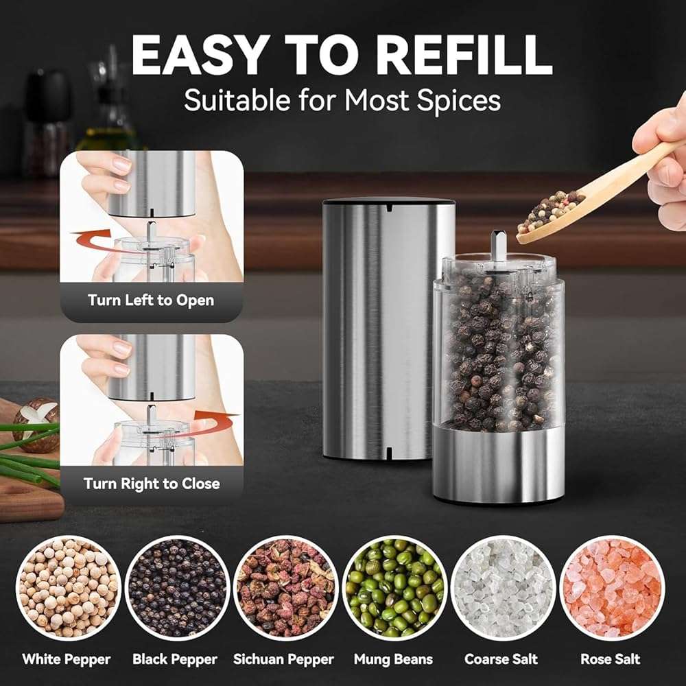 Electric Salt and Pepper Grinder Set Rechargeable, Yumcian Automatic Shakers Set with Adjustable Coarseness and LED Light, Stainless Steel Mill Set, Upgraded Larger Capacity - Image 4