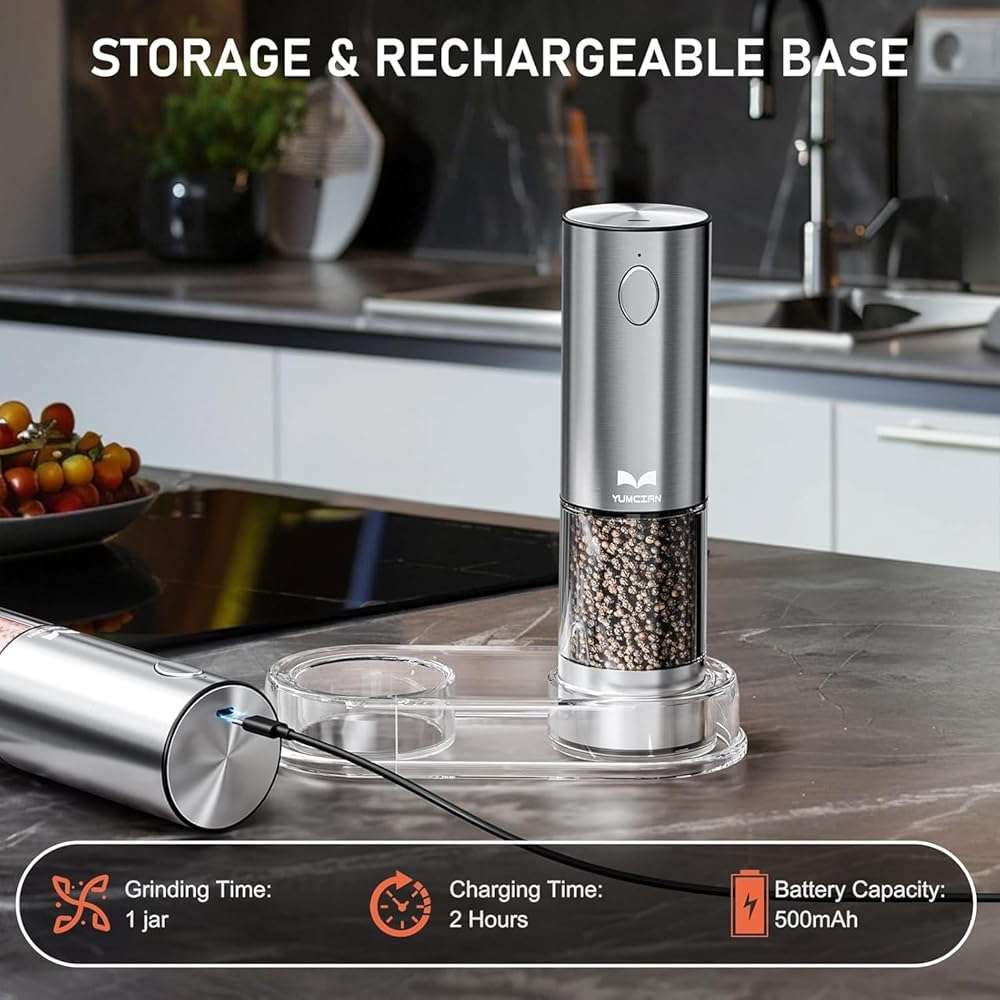 Electric Salt and Pepper Grinder Set Rechargeable, Yumcian Automatic Shakers Set with Adjustable Coarseness and LED Light, Stainless Steel Mill Set, Upgraded Larger Capacity - Image 6