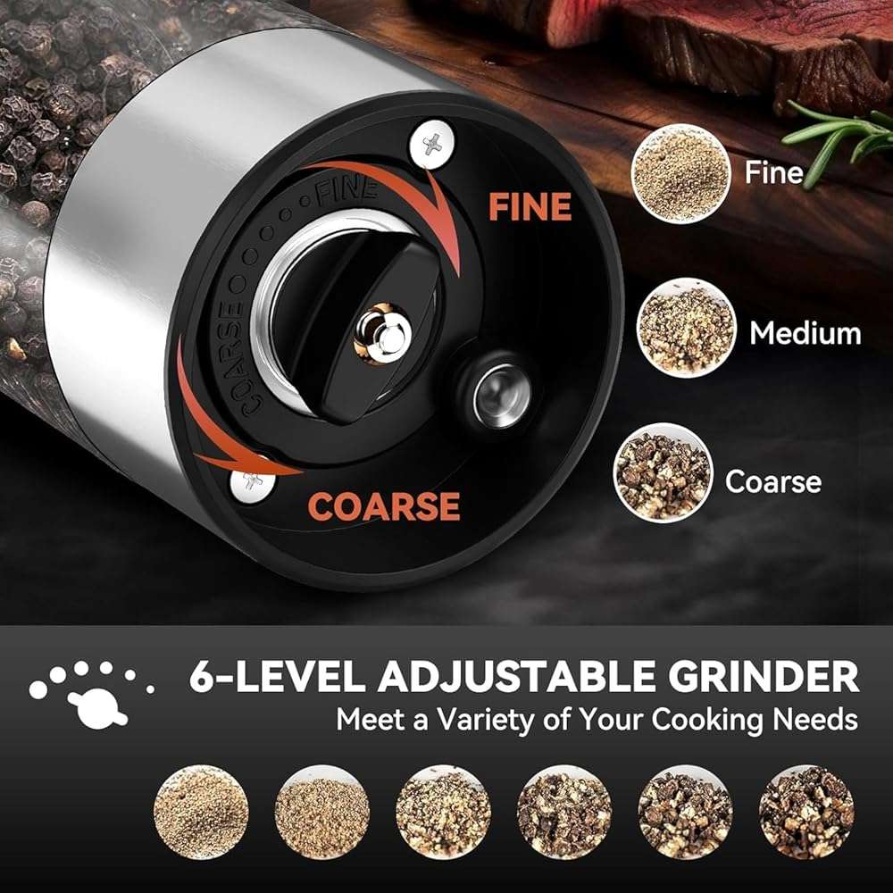 Electric Salt and Pepper Grinder Set Rechargeable, Yumcian Automatic Shakers Set with Adjustable Coarseness and LED Light, Stainless Steel Mill Set, Upgraded Larger Capacity - Image 7