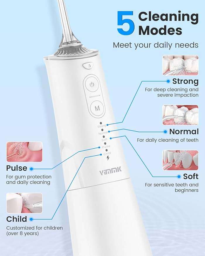 VIMMK Water Flosser, Cordless Water Dental Flosser, 9 Jet Tips 5 Modes 300ML IPX7 Waterproof, Portable Rechargeable Oral Irrigator for Home Travel - Gums, Orthodontic, Braces Care (White) - Image 4